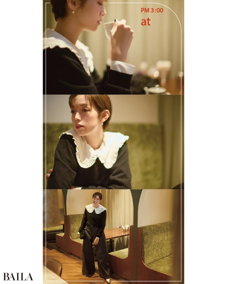 大きなフリル襟に甘さは一任し 色とデニムでカジュアルに転ばせて