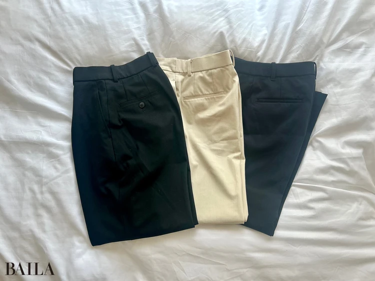 「出勤時には、ユニクロのワイドタックパンツをはいて、ウェストがきつくなっていないかをチェック。マメに確認できるよう、色違いで5枚ほど持っています」(岡田さん)