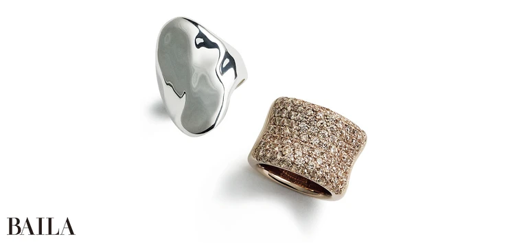 （左）（SV）￥24200／アガット　（右）（SV925×RBGコーティング×キュービックジルコニア）￥79200／エテ ビジュー　