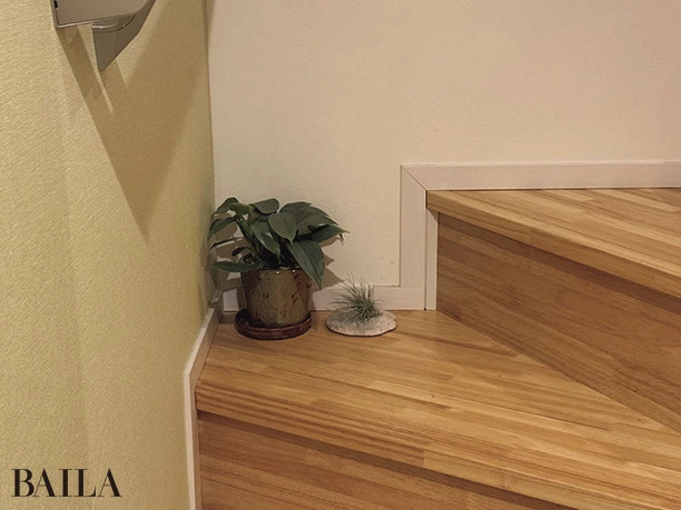 「木製の階段との相性がぴったり。生活の動線上に植物を置くだけで、なにげない瞬間に緑を感じられるのが嬉しい」(若元さん)