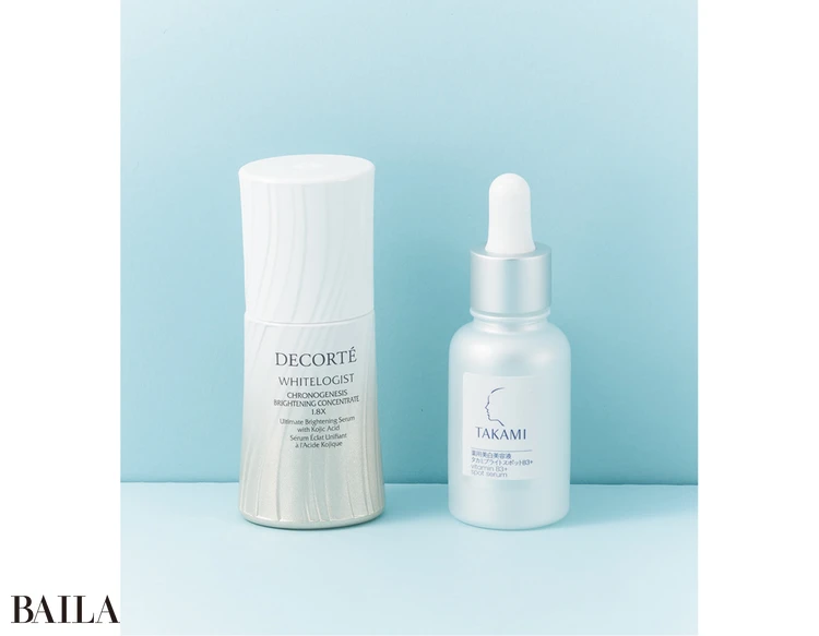 (右)タカミブライトスポットB3+(医薬部外品) 30㎖ ¥11000/タカミ (左)ホワイトロジスト クロノジェネシス ブライトニング コンセントレイト 1.8X(医薬部外品) 30㎖ ¥19800/コスメデコルテ