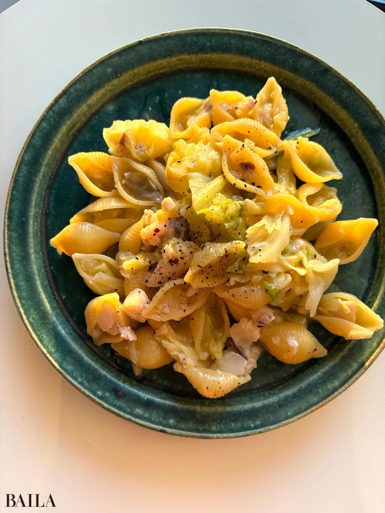 長谷川あかり レシピ 完成! 鱈とキャベツのオレンジ煮込みショートパスタ 完成写真