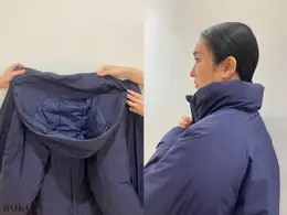 ウルトラウォームハイブリッドダウンロングコート／￥19900（ユニクロ）　フード着脱部分のディテールと着脱時の首元