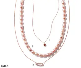 1ネックレス（ガーネット×K10YG）￥23100　2（淡水パール×SV925）￥16500　3（ローズクォーツ×K10PG）￥35200／フーブス（ル ボンボン）