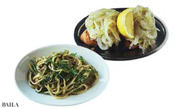 イタリアの食堂を思わせる開放感ある店内では、新鮮な魚介料理やパスタなどワインと相性がいい絶品メニューをアラカルトで楽しむことができる。
