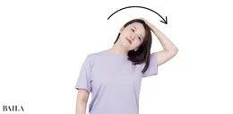 《5》左手を頭の上に置き、手の重みで左側に頭を傾け、5秒程度キープ。反対側も同様に。肩は上がらないように注意。