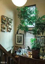 壁には漂流物と真鍮を組み 合わせた「オートゥルノトゥ ルス」のオブジェを。異素材を 植物とミックスさせるのも須 藤さんらしいテクニック。