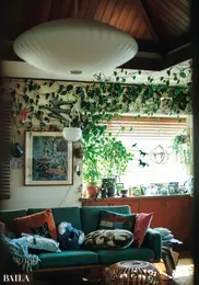 自然光がたっぷりと差し込むリビングは壁に這わせたつるや須藤さんが惚れ込んだアート、クッションでにぎやかに埋め尽くされている。