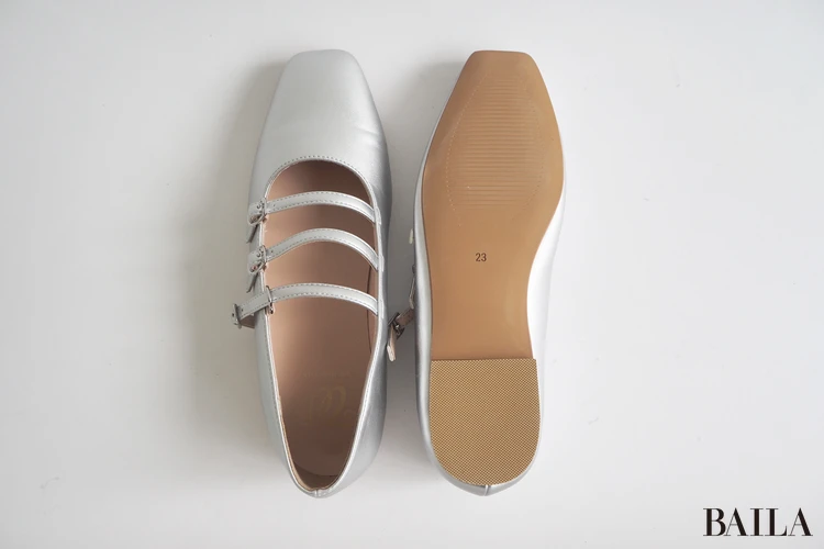 ワシントン靴店 トリプルストラップフラットシューズ W ¥16500 シルバー 23.0cm 162cm