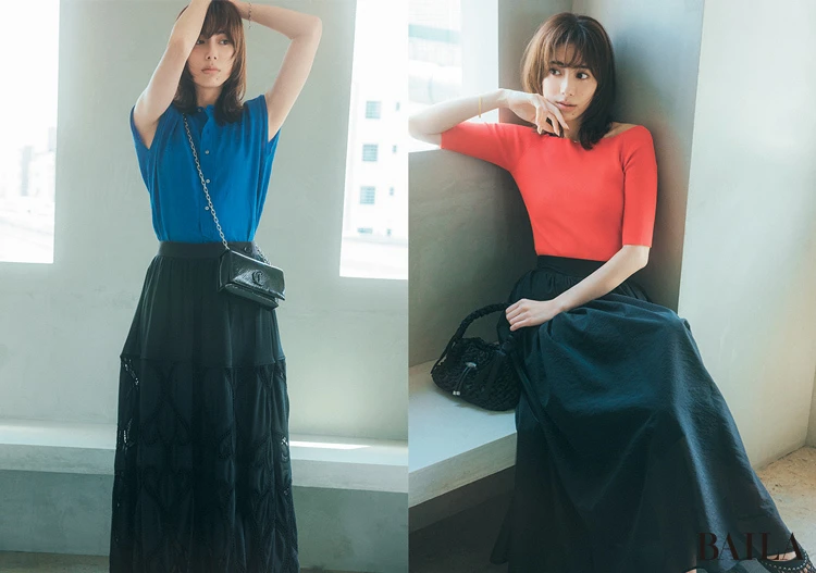 【この夏、Tシャツ以外は遊び色が正解】ビビッドな夏色トップスはダークカラーで締めて落ち着いたムードに