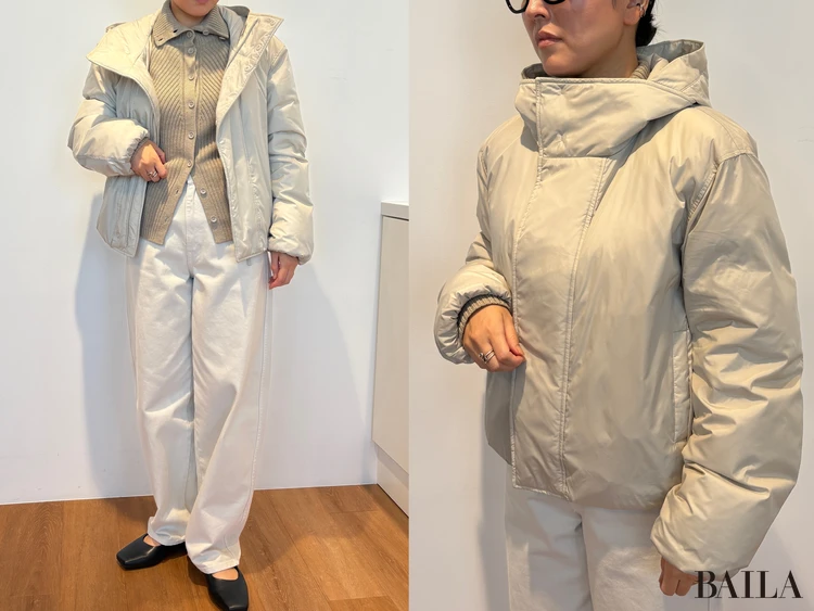 「メリノブレンドハイネックカーディガン」「カーブパンツ」「パフテックパーカ」ライトグレー Mサイズ 162cm 正面