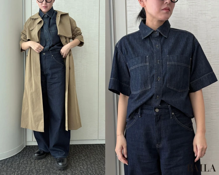 トレンドのデニムセットアップで、トレンチコーデ