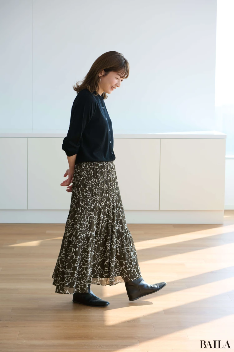 ユニクロ新作シフォンティアードスカートのブーツとの組み合わせ