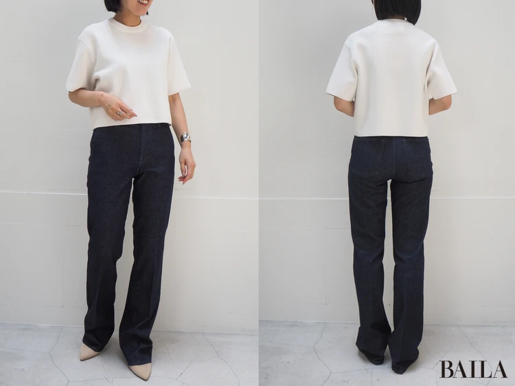 「スリムフレアトラウザージーンズ」（￥4990）、「ウォッシャブルミラノリブセーター」（￥2990）