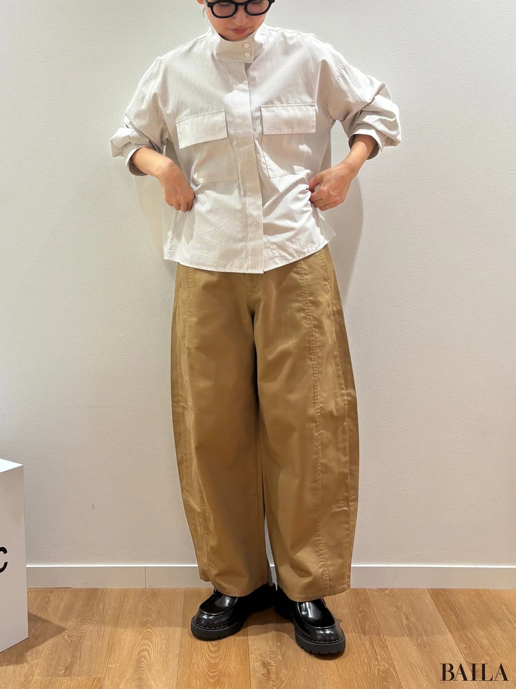 「コットンスタンドカラーシャツジャケット」「コットンカーブアンクルパンツ」「ロングコート」