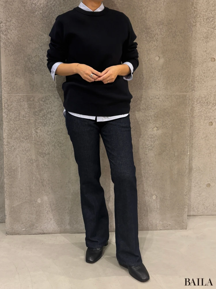 身長162cm ユニクロ ニット 正面 「ミラノリブクルーネックセーター(メンズ)」ネイビー メンズLサイズ