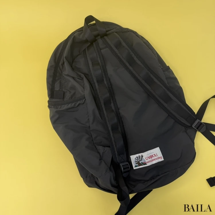 リュックの背面：ショルダーストラップとブランドタグ