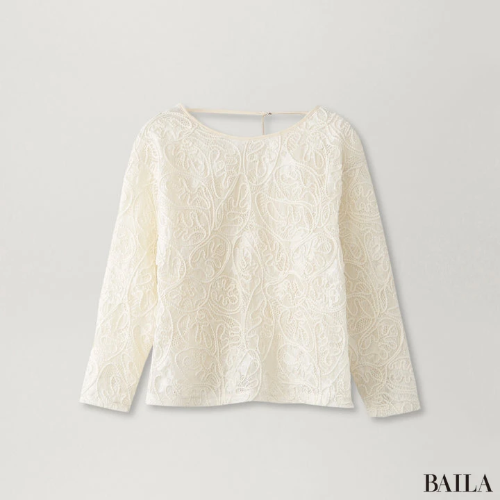 洗えるレースブラウスT　ホワイト