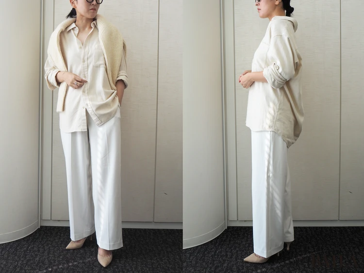 身長162cm ユニクロ フランネルシャツー オフホワイト Lサイズ 正面 横　コーディネート　ラッフィVネックセーター