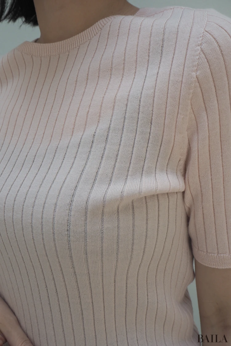 3Dメリノリブクルーネックセーター5分袖」アップ