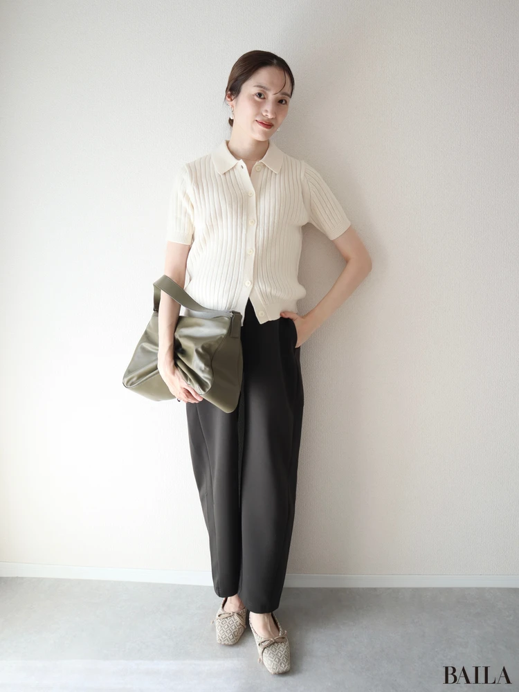 リブポロカーディガン 半袖 UNIQLO ニット 夏 秋 SNS 話題 通勤 コーデ 30代