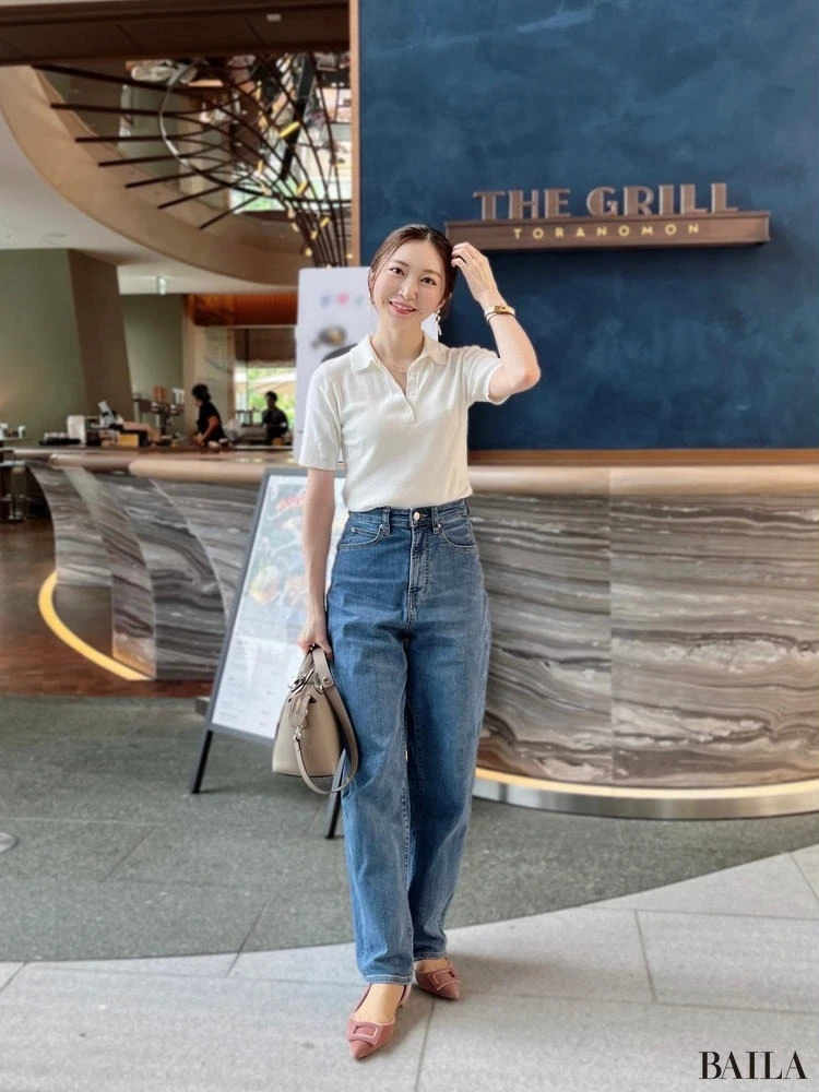 ユニクロコーデ ポロセーター 虎ノ門ヒルズ 夏コーデ