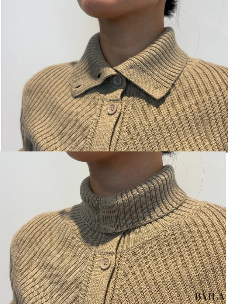 「メリノブレンドハイネックカーディガン」ベージュ ユニクロユー 襟 アレンジ