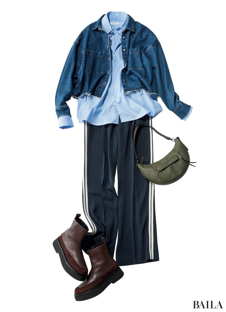 デニムシャツ￥42900／インターリブ（サクラ）　シャツ￥42900（スポーティー＆リッチ）・靴￥247500（ネオス）（ともに参考価格）／ザ・ウォール ショールーム　パンツ￥36300／サードマガジン　バッグ￥111100／ロンシャン・ジャパン（ロンシャン）