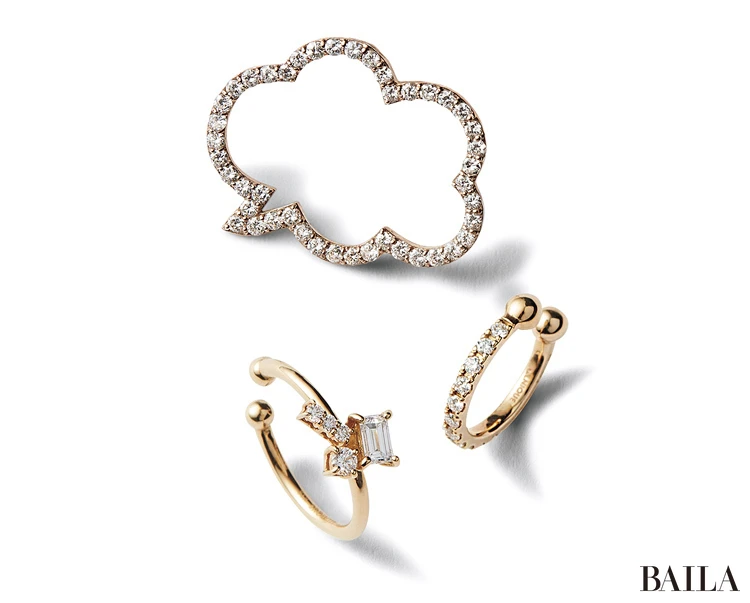 ピアス(K10YG×DIA)¥102300(Môko Kobayashi×ALLNIQUE)・イヤカフ(K18×DIA)¥52800・(K18YG×DIA)¥121000(オールニーク)/オールニーク