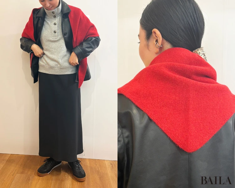  キャミソールワンピース￥3990・リブタンクトップ￥990・ハーフボタンスウェットプルオーバー￥3990・コーティングリラックスシャツジャケット￥7990（8月下旬発売）・スフレヤーントライアングルスカーフ￥1990（8月下旬発売）／ユニクロ