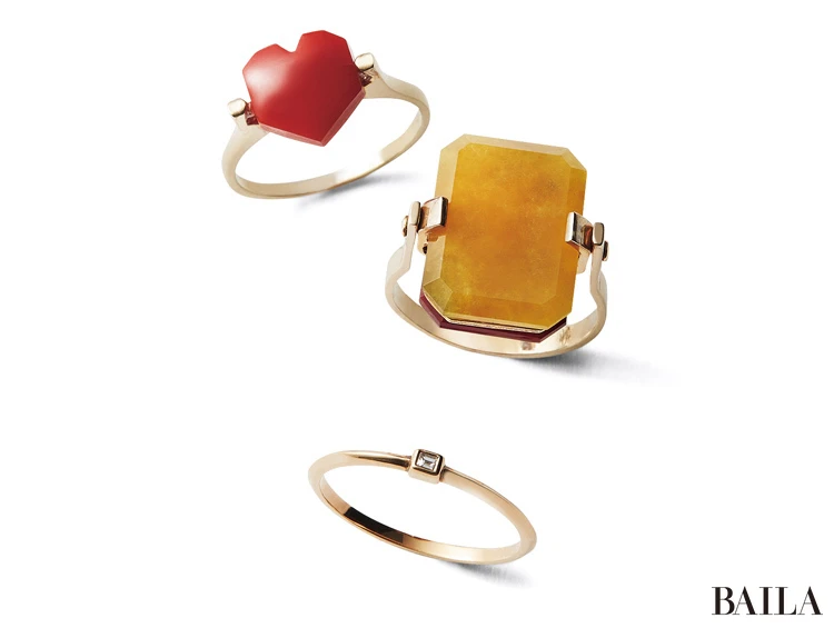 リング(レッドコーラル×K9YG)¥110000・(イエロージェイド×カーネリアン×K9YG)¥145200/ブルーベル・ジャパン(アリータ) リング(ラボグロウンDIA×SV925+K18YGコーティング)¥42900/マフ