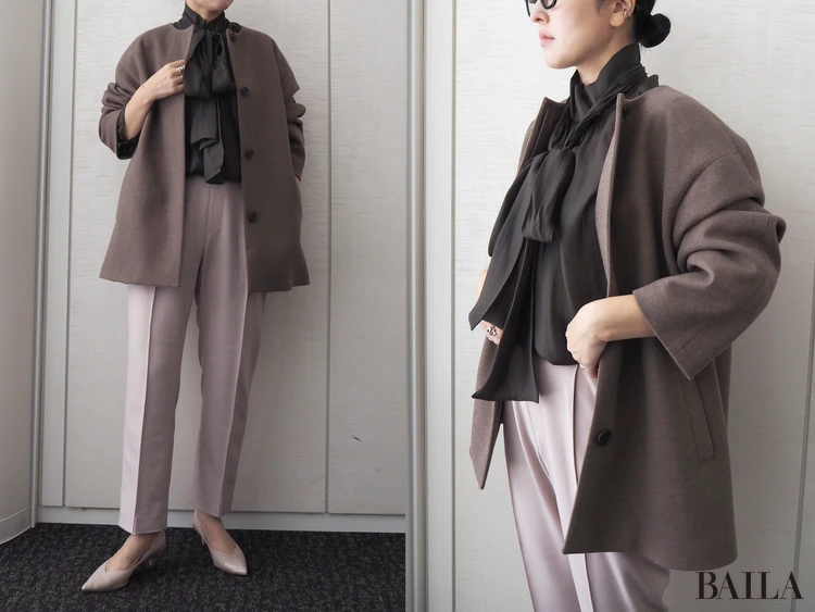 青山商事　スーツスクエア　CHANTOWA ウールライクノーカラーコート　￥21890　ブラウン　サイズ38　162cm　襟コンシャス