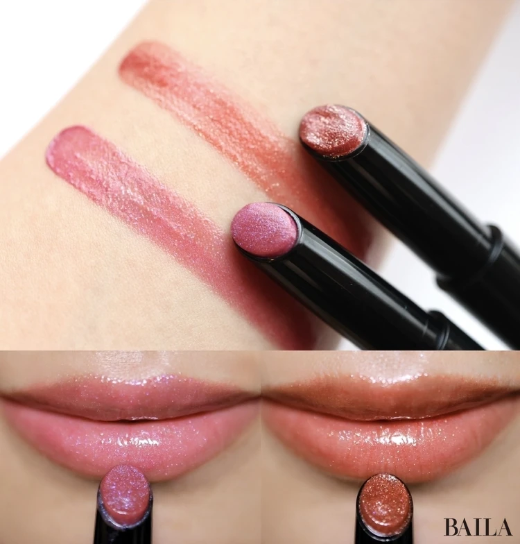 「ケイト リップモンスター ツヤバース 」から5/23数量限定発売の新２色。  こちらも色化けパールを配合！ 左は青パール入りのチェリーカラーのEX-3水紅鉄砲のイタズラ、右はイエローパール入りのレッドカラーEX-4さかさまバケツの仕業