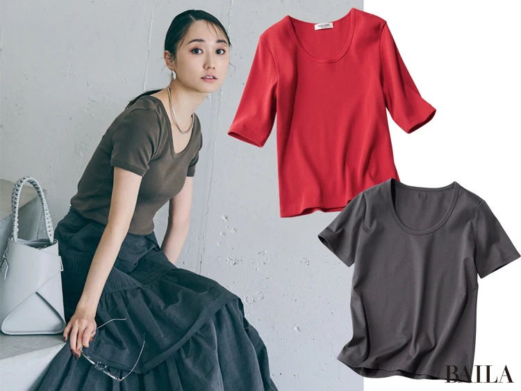【ネックラインが絶妙なきれいめTシャツ】首が細く長く見えて小顔効果も叶える“Uネック開き”
