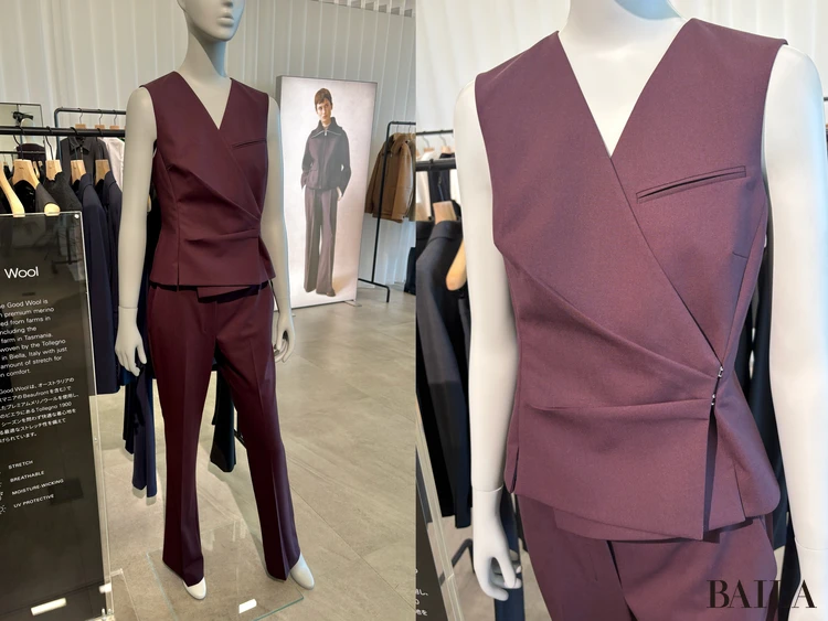 ラップディテールのベストと同素材のストレートパンツ