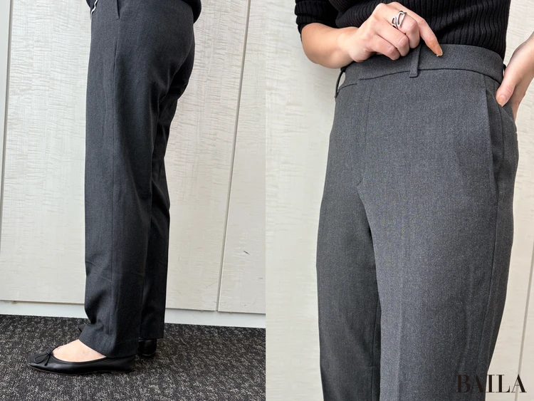 身長162cm ユニクロ ニット 正面 「ウォームスマートパンツ」ダークグレー Mサイズ ¥4990 センタープレス 丈感