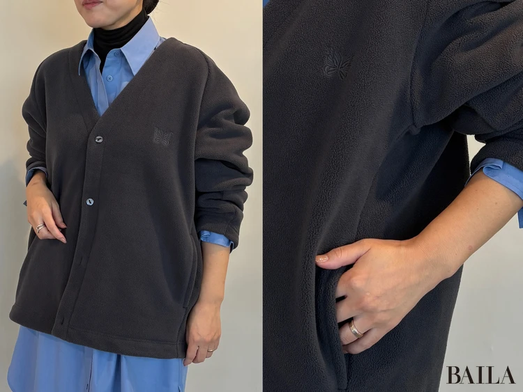 「フリースオーバーサイズカーディガン」¥3990 ユニクロ ニードルズ Lサイズ グレー 正面 ディテール