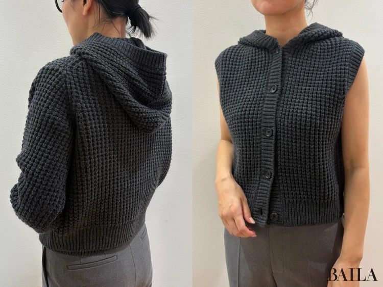 「ワッフルニットクルーネックカーディガン」「ワッフルニットフーデッドベスト」