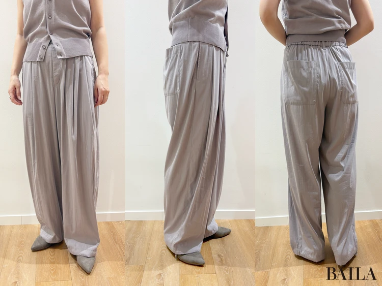 コットンブレンドショートブルゾン￥5990・ウォッシャブルボタンダウンニットベスト￥2990・イージーギャザーパンツ￥4990／Uniqlo U（ユニクロ）