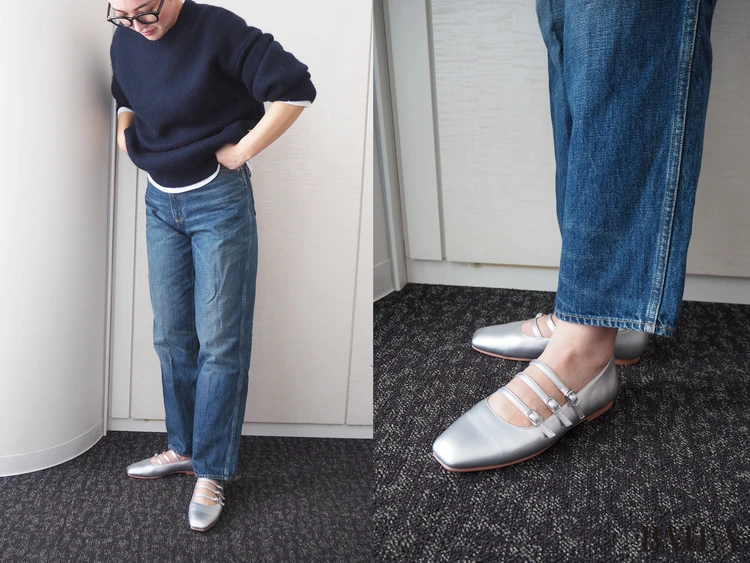 ワシントン靴店 トリプルストラップフラットシューズ W ¥16500 シルバー 23.0cm 162cm デニムコーデ