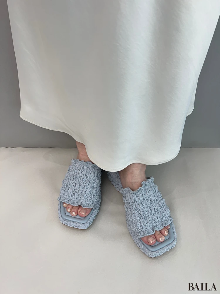 シャーリングプラットフォームミュール　ライトブルー　試着　ジーユー