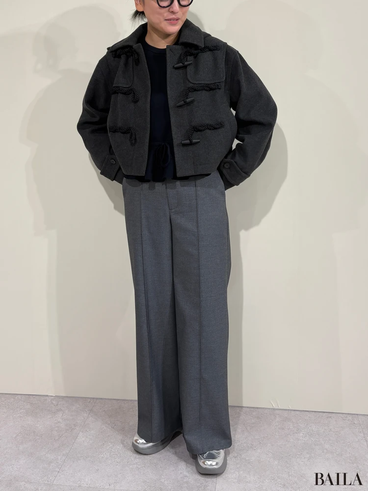 身長162cm GU rokh 2025 aw Mサイズ 「ダッフルコート by rokh +X」「ペプラムニットプルオーバー by rokh +X」「ラップパンツ by rokh +X」