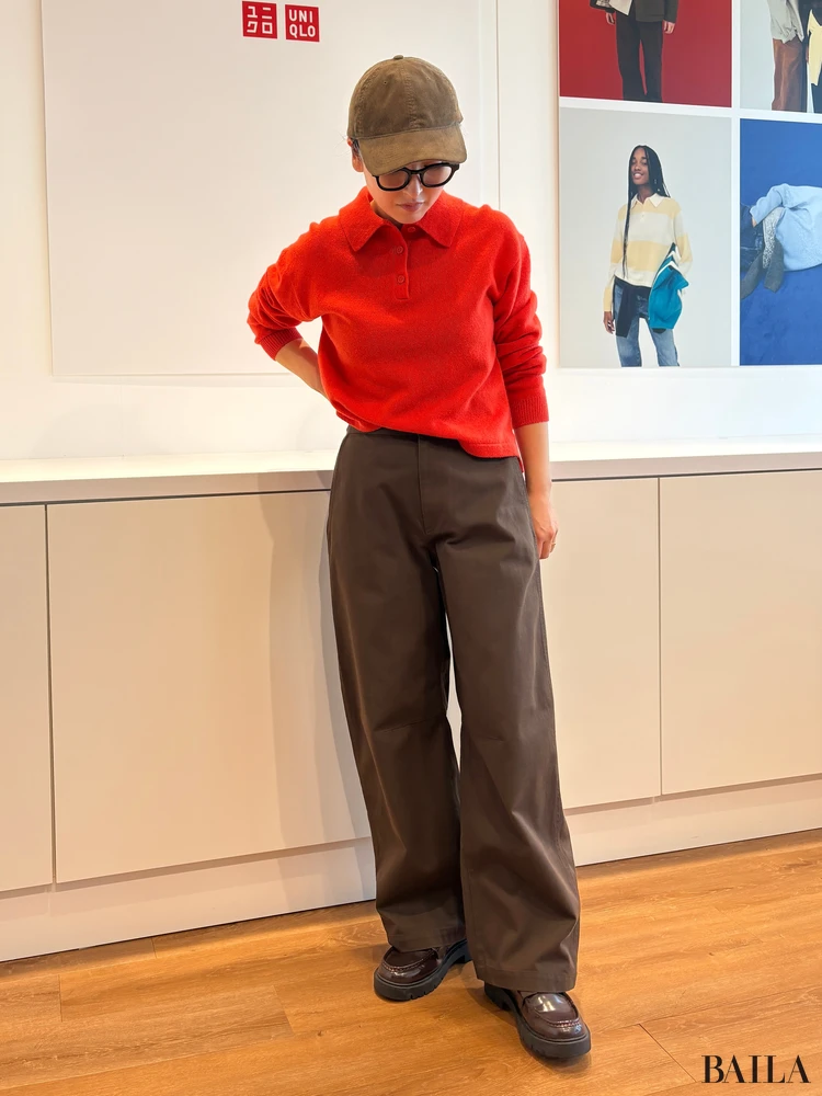 「ラムポロセーター」「カーブパンツ」「コーデュロイキャップ」162cm Mサイズ 正面 ユニクロ JW ANDERSON