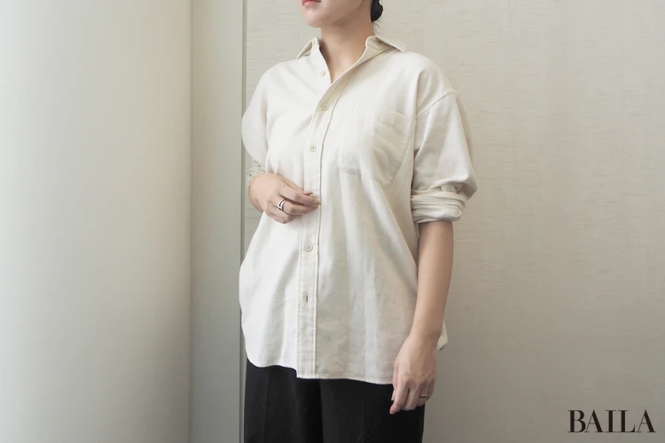 身長162cm ユニクロ フランネルシャツー オフホワイト Lサイズ 正面