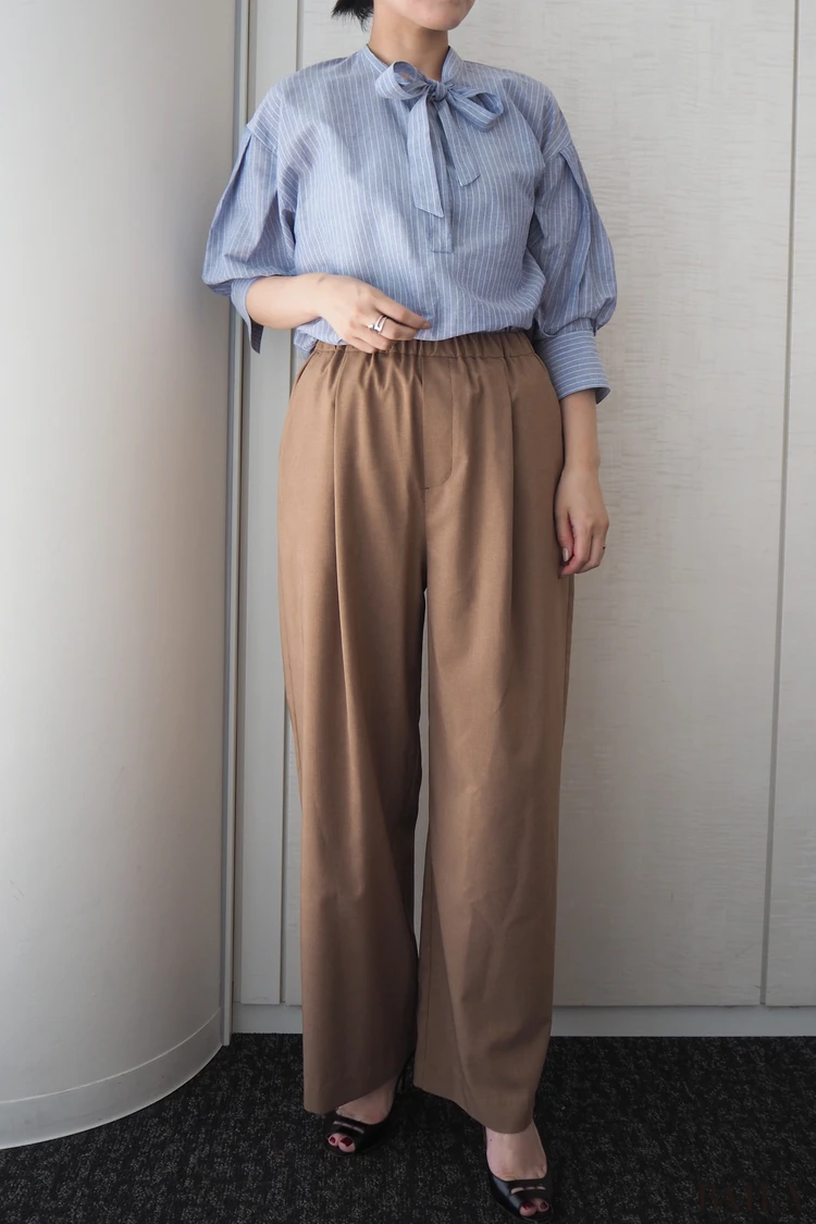 きちんと見えの青いブラウスを合わせたパンツコーデ