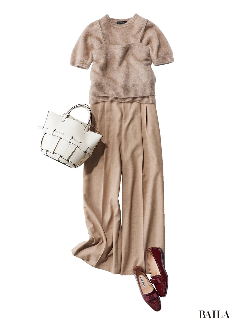 キャミソール￥58300・半袖トップス￥72600／リトルリーグ インク（エブール）　パンツ￥36300／ロンハーマン　バッグ￥61600／オルサ（オルセット）　靴￥75900／ネブローニ