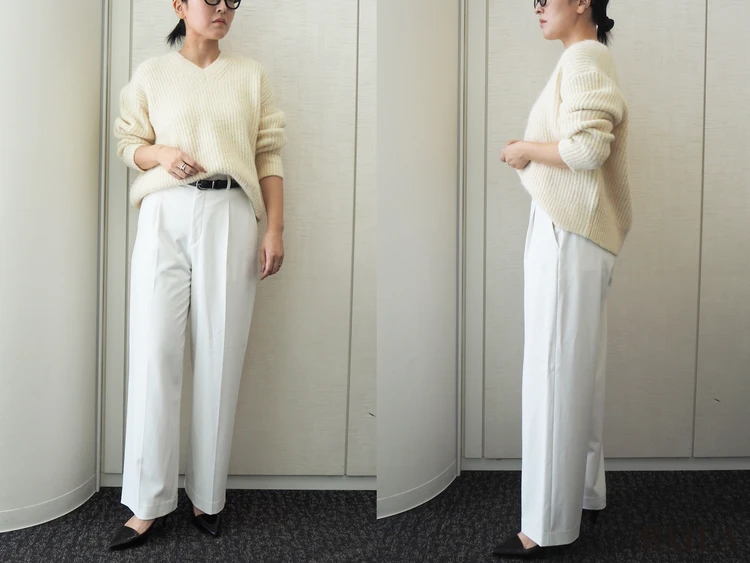身長162cm ユニクロ フラッフィVネックセーター オフホワイト Mサイズ  正面 横　コーディネート　オフィス