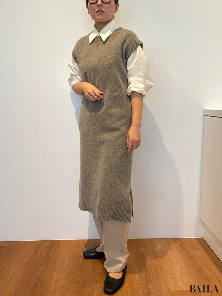 「ラムワンピースノースリーブ」「コットンシャツ」「コットンチノパンツ」162cm 正面