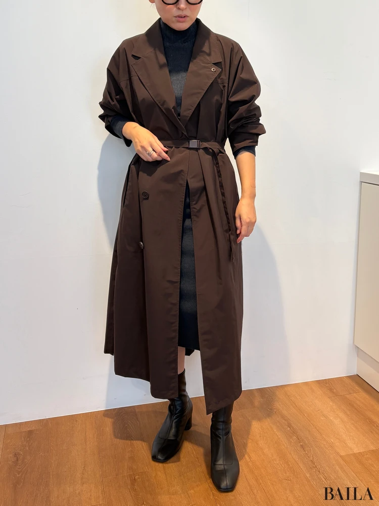 「ステンカラーロングコート」「3Dニットメリノブレンドワンピース」 Mサイズ 162cm 正面