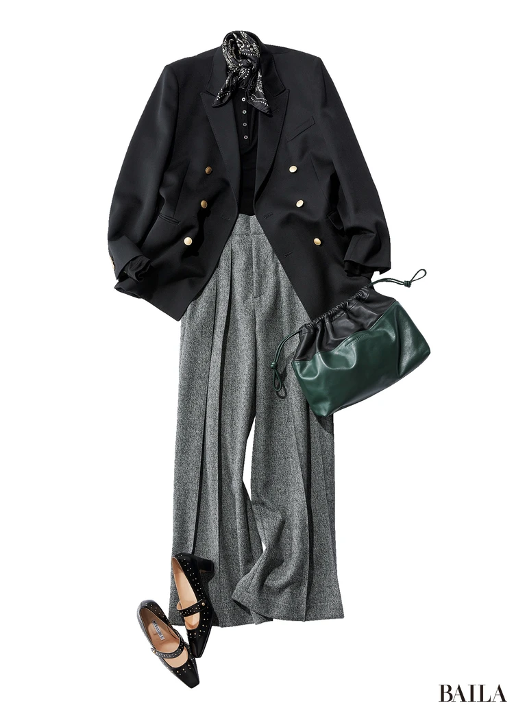 スカーフ￥16500／マニプリ　ジャケット￥88000／リトルリーグ インク（ユニオン ランチ　）トップス￥8800／ノーク　パンツ￥32500／シーニュ　バッグ￥166100／ピエール アルディ 東京（ピエール アルディ）　靴￥83600／ネブローニ